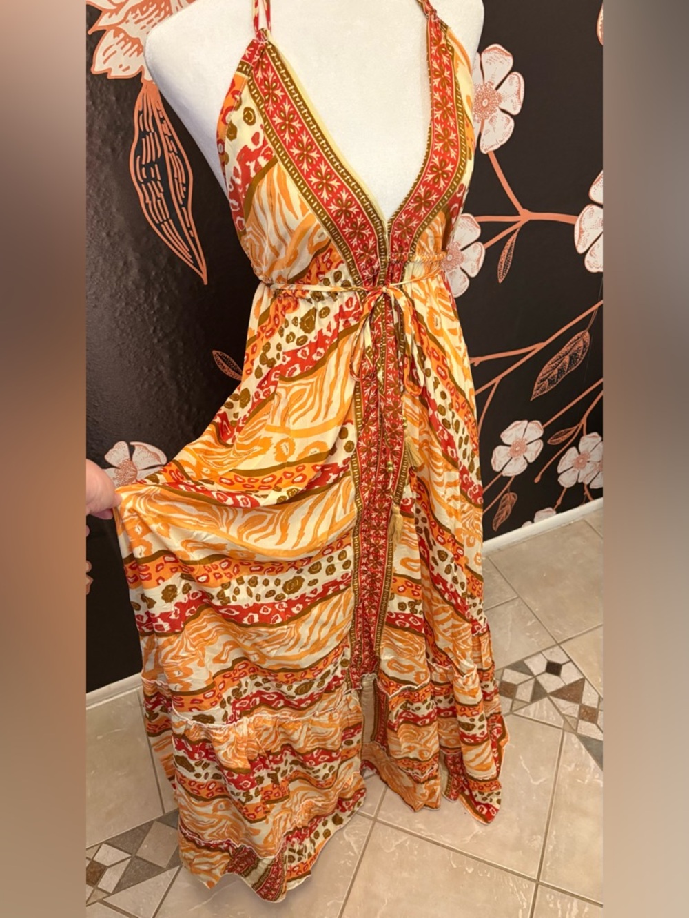 BEAUTIFUL Silk Halter Maxi Dress Open Back Orange Red Boho Resort Dress - Picture 6 of 9